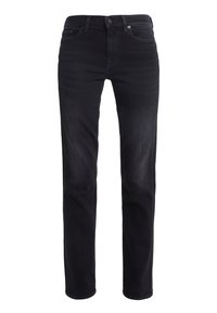 Pantalones vaqueros de denim negro con corte recto, que cuentan con un diseño de cinco bolsillos, presillas para cinturón y una cremallera en la parte delantera. La tela tiene una textura suave.