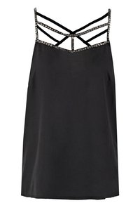 Robe noire sans manches avec bordure perlée métallique et bretelles géométriques entrecroisées au niveau du décolleté et du haut de la poitrine.