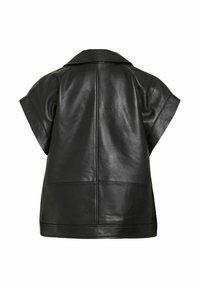 Haut noir en cuir à manches courtes avec un col à encoches, une texture lisse et des détails de coutures visibles. Vue de dos ; sans fermetures ni ornements.