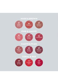 Palette di 12 campioni di colore circolari su sfondo grigio, con tonalità che vanno dal nudo al rosso, ciascuno etichettato con nomi come "Cranberry" e "Mocha Mauve".