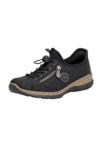 Chaussure noire avec tige en cuir texturé, détail zip, lacets élastiques et semelle en caoutchouc beige clair. Bout rond et design bas.