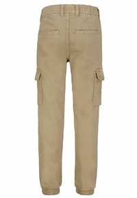 Khaki Cargo-Hosen mit elastischem Bund, schmal zulaufenden Beinabschlüssen, zwei vorderen Taschen, zwei hinteren Taschen und Cargo-Taschen an den Seiten.