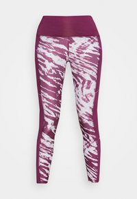 Leggings a vita alta di colore viola con un motivo a strisce di tigre bianche. Realizzati in tessuto elastico con una texture liscia.