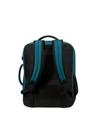 Zaino con base nera e dettagli turchesi, dotato di spallacci imbottiti e regolabili, pannelli in rete e maniglie laterali robuste.