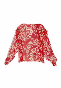 Blusa rossa trasparente con maniche lunghe a volants, caratterizzata da un motivo floreale bianco. Scollo quadrato con dettagli a buco di serratura sul retro. Tessuto leggero.