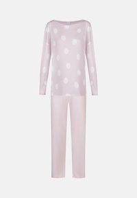 Ensemble de pyjama rose comprenant un haut à manches longues avec des pois blancs et un pantalon de pyjama uni assorti, fabriqué en tissu doux.