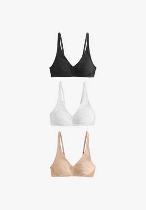 Tre trådløse BH'er i sort, hvid og beige, hver med tynde justerbare stropper og et blødt skål-design, arrangeret lodret på en hvid baggrund.