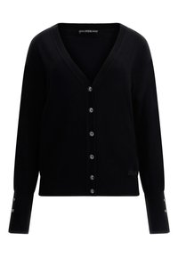 Black knitted cardigan with a V-neck, front buttons, and ribbed cuffs. Features logo detail and smooth texture. Classic fit design.