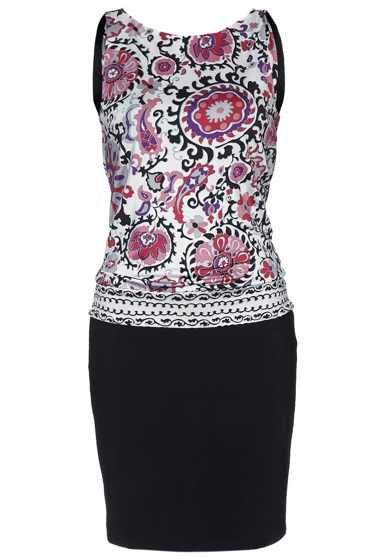 Blommönstrad linne i vitt, rosa och svart, kombinerad med en enfärgad svart kjol som har en åtsittande design och kontrasterande kantdetalj.