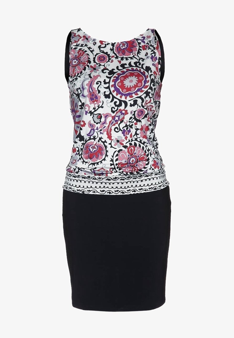 Top s květinovým vzorem v bílé, růžové a černé barvě, zkombinovaný se spodnicí v čistě černé barvě, která má přiléhavý střih a kontrastní lem.