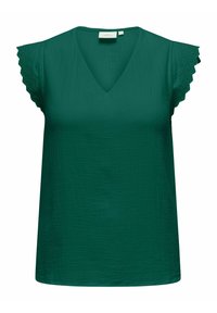 Blusa verde de cuello en V con mangas cortas y onduladas que presenta un intrincado detalle de ojetes. Textura suave con un corte relajado y sin herrajes visibles.