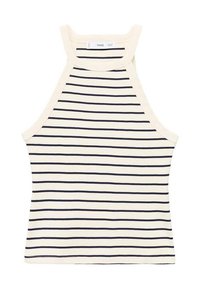Sleeveless high-neck tank top in cream with navy horizontal stripes, featuring a fitted silhouette and soft, stretchy cotton material.