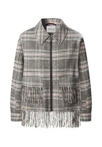 Harvoista ruudullinen takki, jossa on vaaleanpunaisia yksityiskohtia, kauluksellinen kaulus, vetoketjukiinnitys ja fringed helma. Valmistettu teksturoidusta kankaasta, jossa on kaksi taskua.