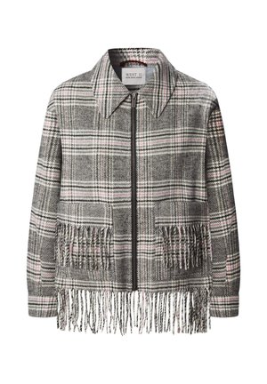 Chaqueta de cuadros en gris con acentos en rosa, con cuello tipo solapa, cremallera frontal y dobladillo con flecos. Confeccionada en un tejido texturizado y con dos bolsillos.