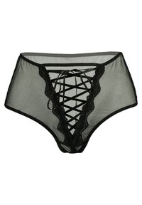 Schwarze transparente Netzunterwäsche für Frauen mit Spitzenbesatz und Kreuzband-Dekorierung auf der Vorderseite.
