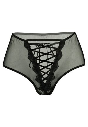 Mutandine da donna in rete nera trasparente con bordo di pizzo e dettagli incrociati in nastro sul davanti.