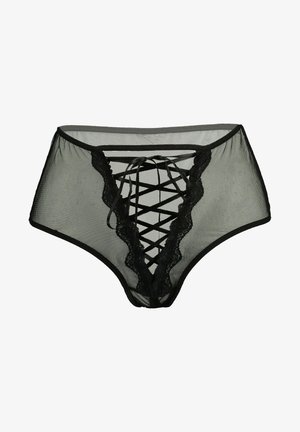 Schwarze transparente Netzunterwäsche für Frauen mit Spitzenbesatz und Kreuzband-Dekorierung auf der Vorderseite.