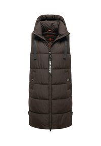 Veste rembourrée marron avec un col haut et une capuche. Comprend un zip sur le devant, des poches latérales et un intérieur contrastant. Fabriquée en tissu durable et doux.