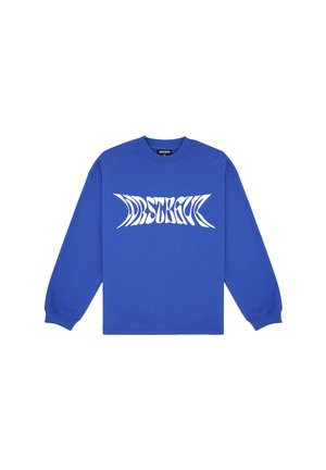 Blauwe sweatshirt met lange mouwen, gemaakt van katoen, met een gedurfde witte grafische tekstontwerp over de voorkant en ribbelboorden bij de hals en mouwen.
