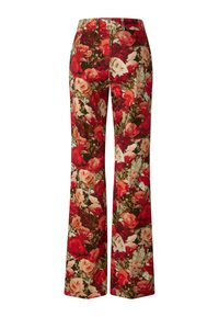 Floral patterned trousers with large red and pink rose designs. Made of fabric with a smooth texture. Wide-leg cut and high waist.