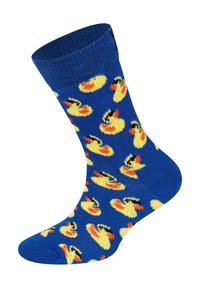 Niebieskie bawełniane skarpetki z motywem w żółte gumowe kaczuszki, z pomarańczowymi dzióbkami i czarnymi akcentami na głowach.