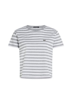 Grijs en wit horizontaal gestreept T-shirt met korte mouwen, met een kleine geborduurde lachende gezicht met een zonnebril op de linkerkant van de borst.