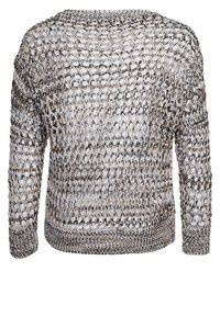 Knit sweater in gray and cream, featuring an open, airy weave and long sleeves. Ribbed hem and cuffs with contrasting texture detail.