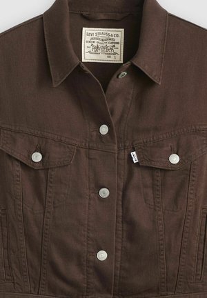 Ruskea Levi's-farkkutakki metallinapeilla, kahdella rintataskulla, joissa läpät, ja Levi'sin brändilapulla kauluksen sisäpuolella, koko pieni.