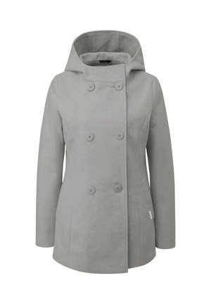 Szara płaszcz z kapturem o dwurzędowym kroju, z pięcioma guzikami, dwoma bocznymi kieszeniami i miękką, teksturowaną tkaniną.