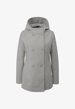 Grauer Kapuzenmantel mit doppelreihigem Design, fünf Knöpfen, zwei Seitentaschen und einem weichen, strukturierten Stoff.