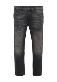 Jeans en denim gris foncé avec des détails usés et un léger délavage. Comprend cinq poches, une fermeture à bouton et à zip, et une coupe droite.