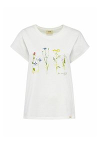 Biała bawełniana koszulka z krótkim rękawem, ozdobiona kolorowymi nadrukami kwiatowymi oraz napisem "bądź uważny" na dole. Luźny, swobodny krój.