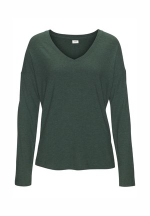 Green ribbed long-sleeve t-shirt with a v-neckline and drop shoulders. Soft texture and relaxed fit, ideal for casual wear.