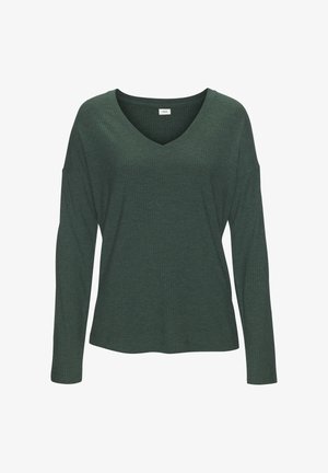 Green ribbed long-sleeve t-shirt with a v-neckline and drop shoulders. Soft texture and relaxed fit, ideal for casual wear.