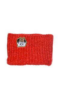 Red knit headband with ribbed texture, featuring a circular patch with a glittery design of hands and a bow motif.
