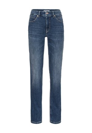 Donkerblauwe rechte jeans gemaakt van denim, met voorzakken, een knoopsluiting en subtiele vervaging langs de dijen.