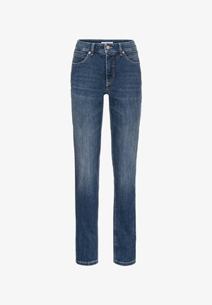 Dunkelblaue gerade Jeans aus Denim, mit frontalen Taschen, einem Knopfverschluss und subtilen Verblassungen entlang der Oberschenkel.