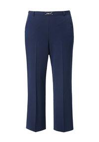 Marineblauwe, op maat gemaakte broek met een rechte pijp, voorzien van een zilveren accent bij de taille, een gladde stoftextuur en zonder zichtbare patronen.