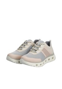 Leichte Sneakers in zartem Rosa und Grau, mit Netzpaneelen, Schnürdesign, gepolsterten Sohlen und ausgeprägten strukturierten Akzenten.