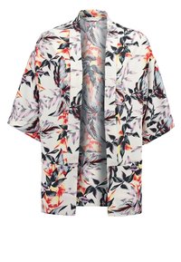 Květinový kimono kabátek z lehké látky s bílým pozadím, zdobený živými vzory listů v odstínech červené, růžové a zelené. Krátké rukávy.