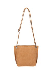 Bolso de hombro de faux cuero marrón claro con una textura suave, dos correas largas y herrajes metálicos en tono plateado. Presenta un diseño simple y sin adornos.