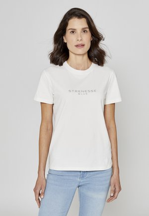 Hvid bomulds-T-shirt med korte ærmer, med trykt "STRENESSE BLUE" logo i lysegrå i midten. Casual pasform og glat tekstur.