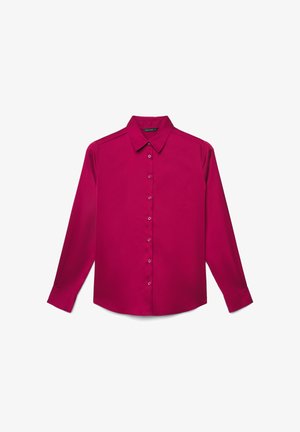 Long-sleeve magenta button-up blouse with collar and fitted cuffs, displayed flat on a white background.