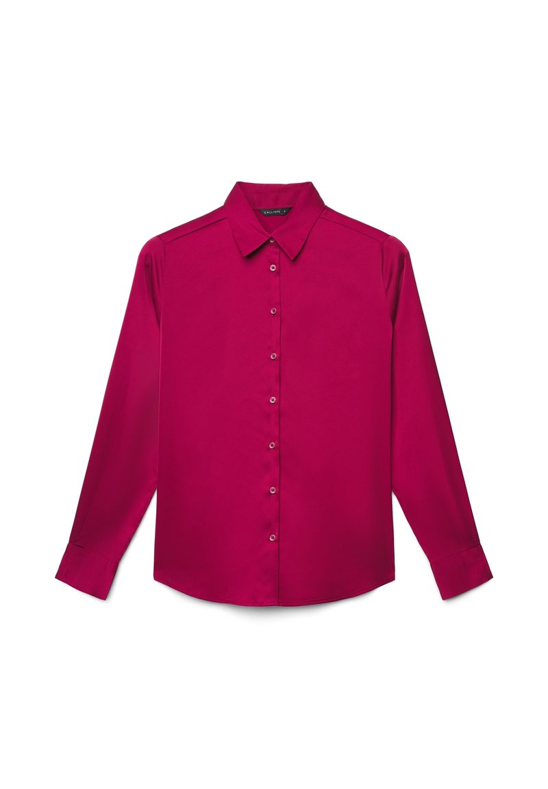 Long-sleeve magenta button-up blouse with collar and fitted cuffs, displayed flat on a white background.