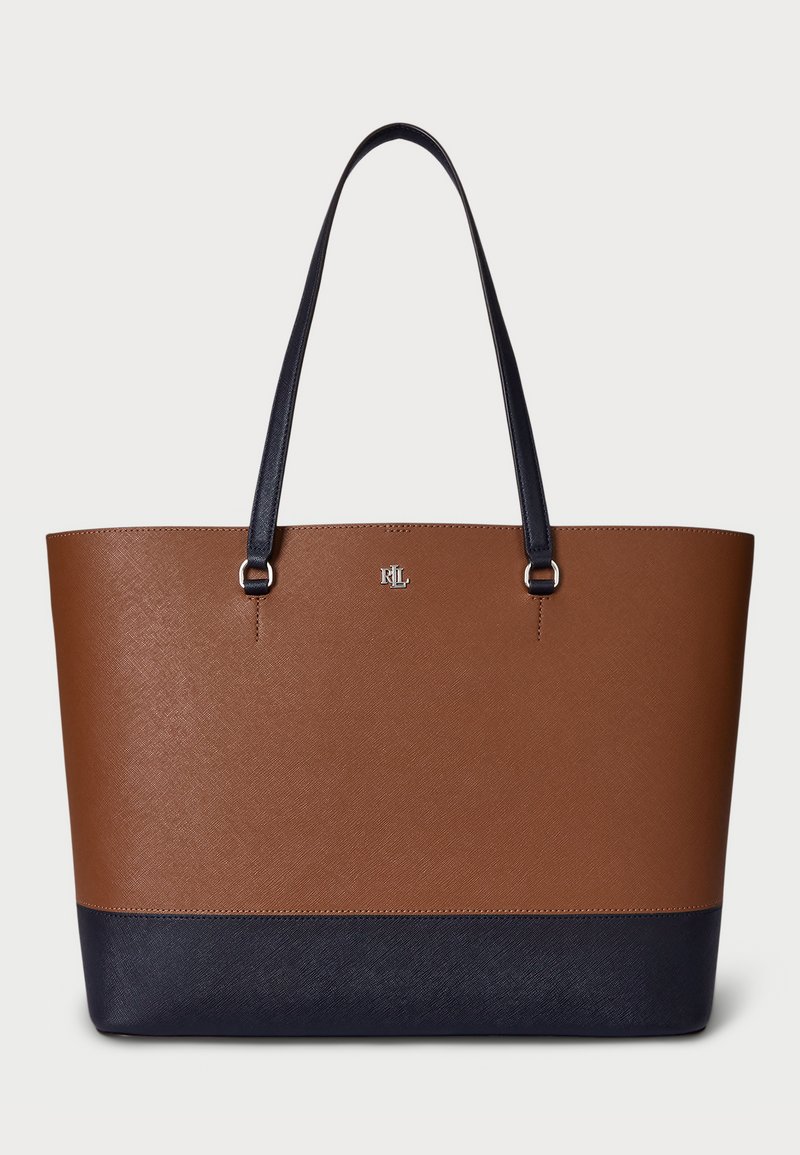 Lauren Ralph Lauren CROSSHATCH LEATHER LARGE KARLY TOTE BAG - Shopping bag - brown/navy