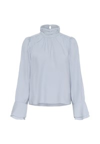 Světle modrá blůza s dlouhým rukávem a vysokým řaseným límcem, balónovými rameny a rozšířenými manžetami s vrstveným detailním materiálem.