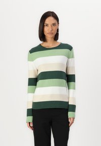 Gebreid pullover met horizontale strepen in donkergroen, lichtgroen, beige en wit. Ronde halslijn en lange mouwen met rib gebreide manchetten.
