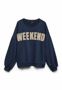 Sweatshirt bleu marine avec manches longues bouffantes et texte beige texturé "WEEKEND" sur la poitrine.
