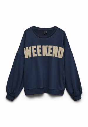 Sweatshirt bleu marine avec manches longues bouffantes et texte beige texturé "WEEKEND" sur la poitrine.