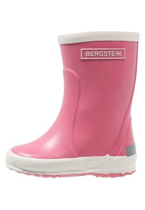 Botte de pluie rose pour enfants avec semelle et bordure blanches, avec une étiquette "BERGSTEIN" sur le côté et un patch réfléchissant au talon.